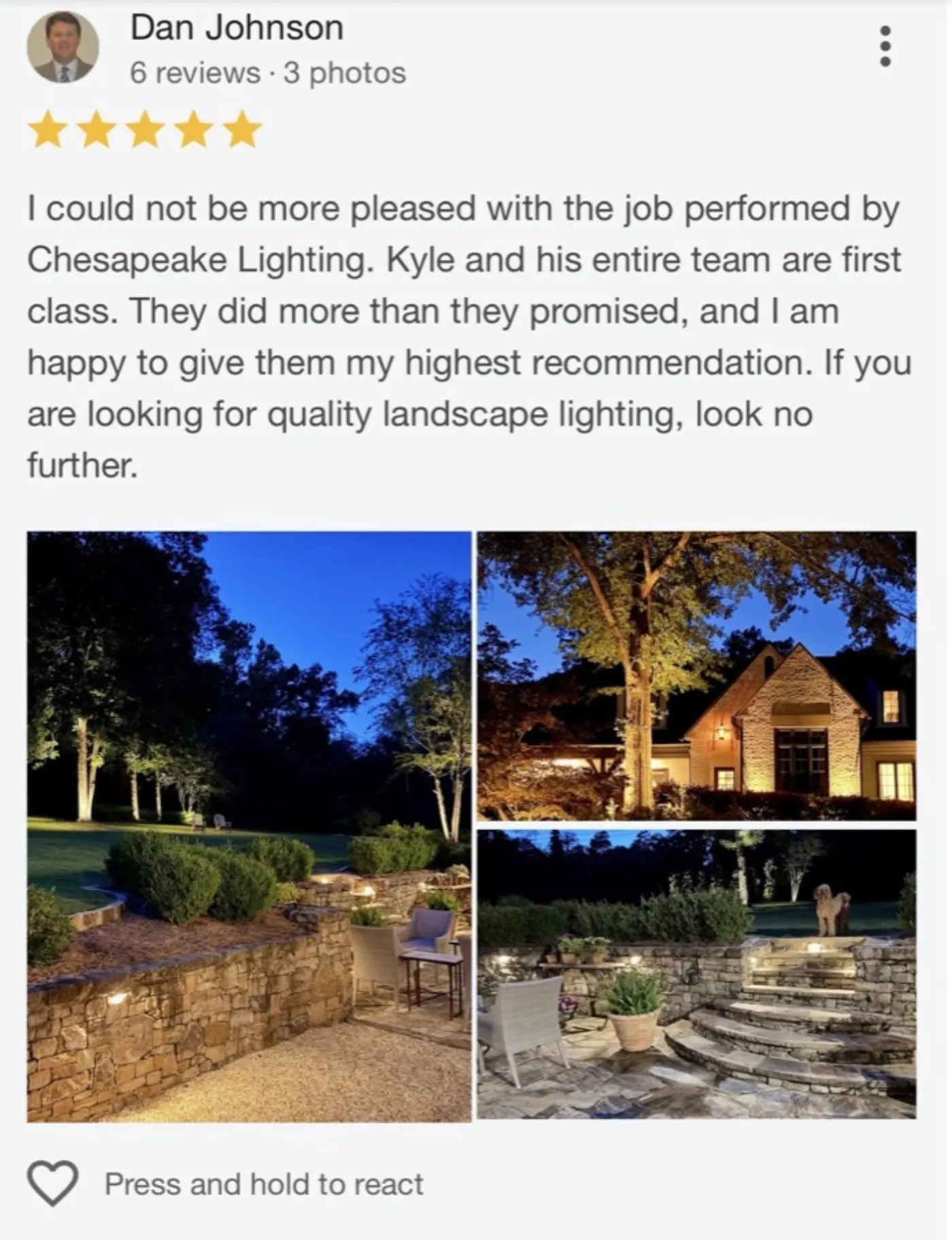 Dan Johnson 5-star Google review of Chesapeake Lighting with photos of completed landscape lighting project